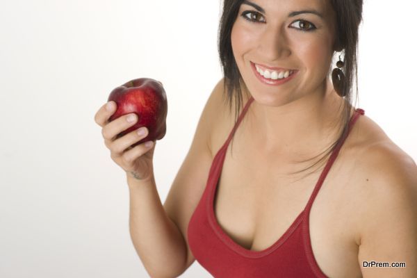Beautiful Brunette with RED Apple
