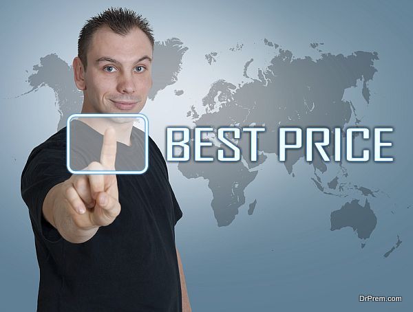 Young man press digital Best Price button on interface in front of him